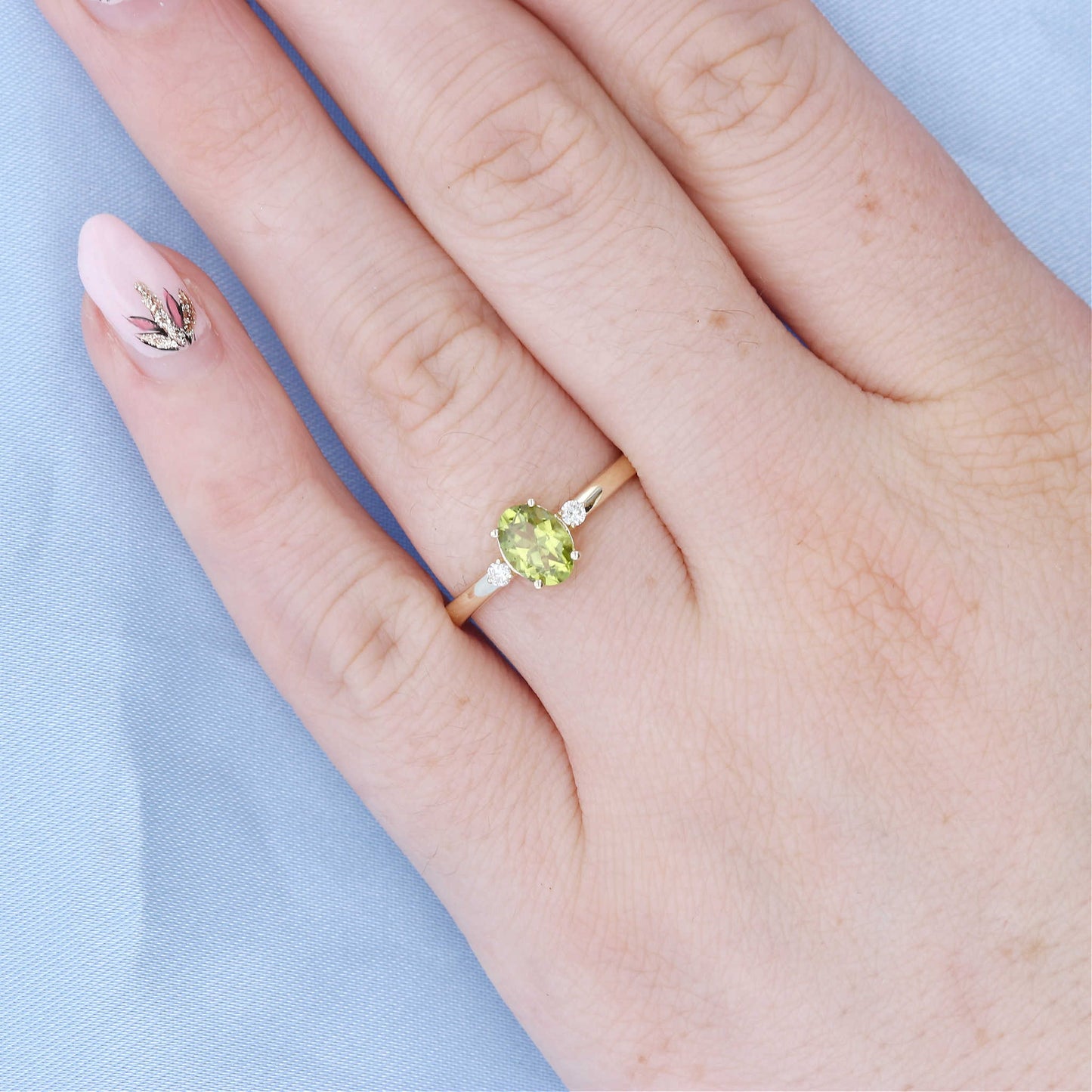 Oval Peridot & Diamond 3 Stone Ring