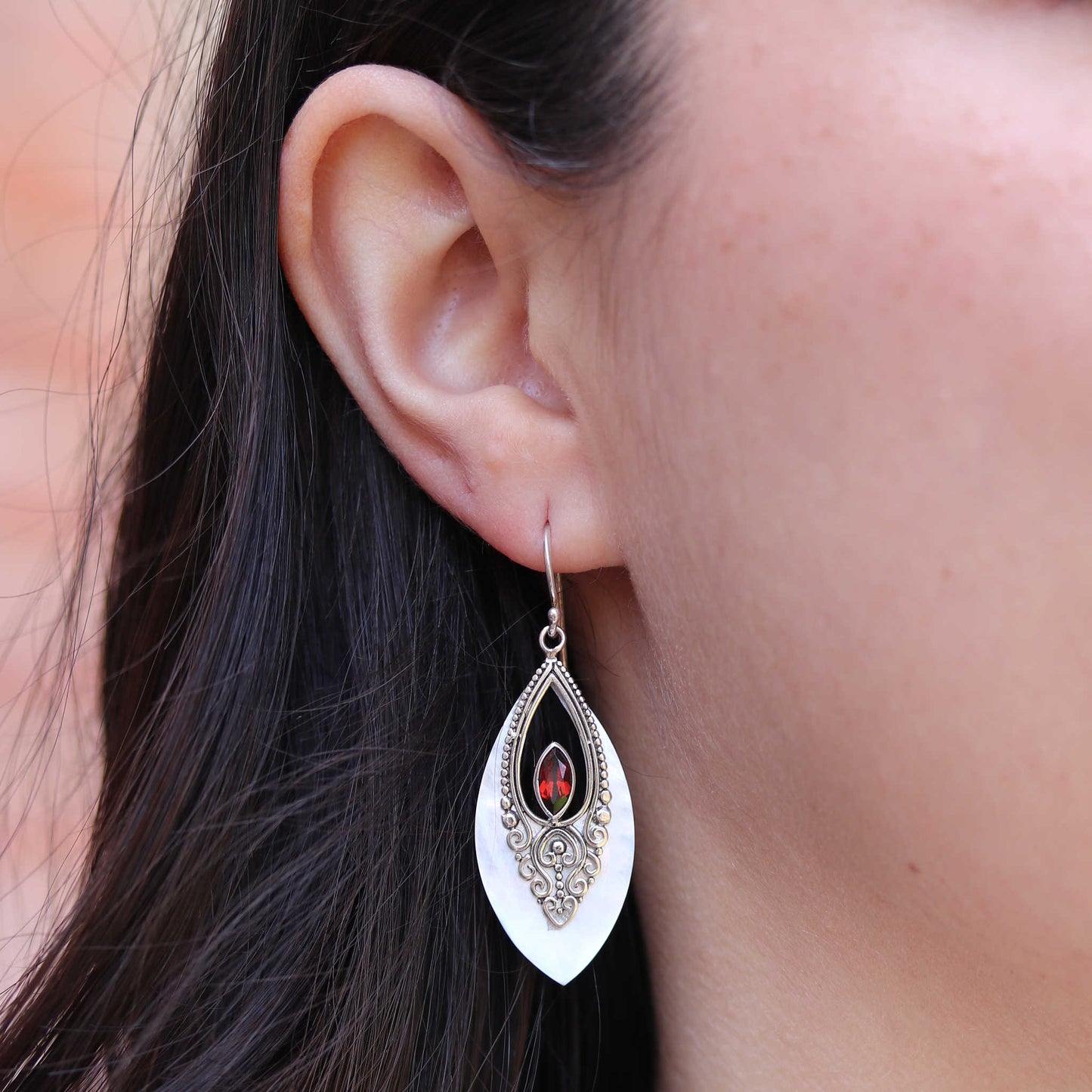 Mother of Pearl & Garnet Dangle Earrings
