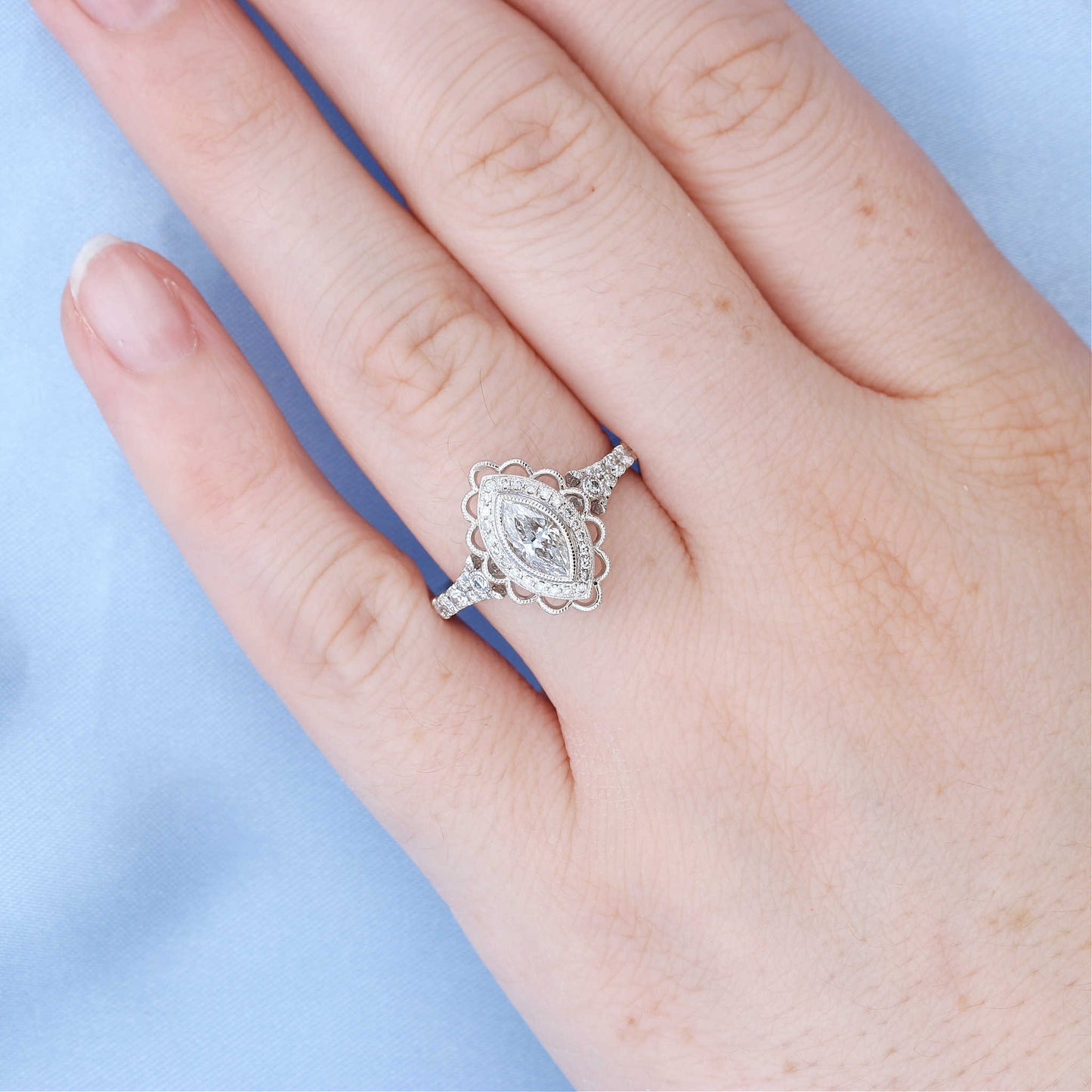 Scallop Halo Marquise Diamond Engagement Ring