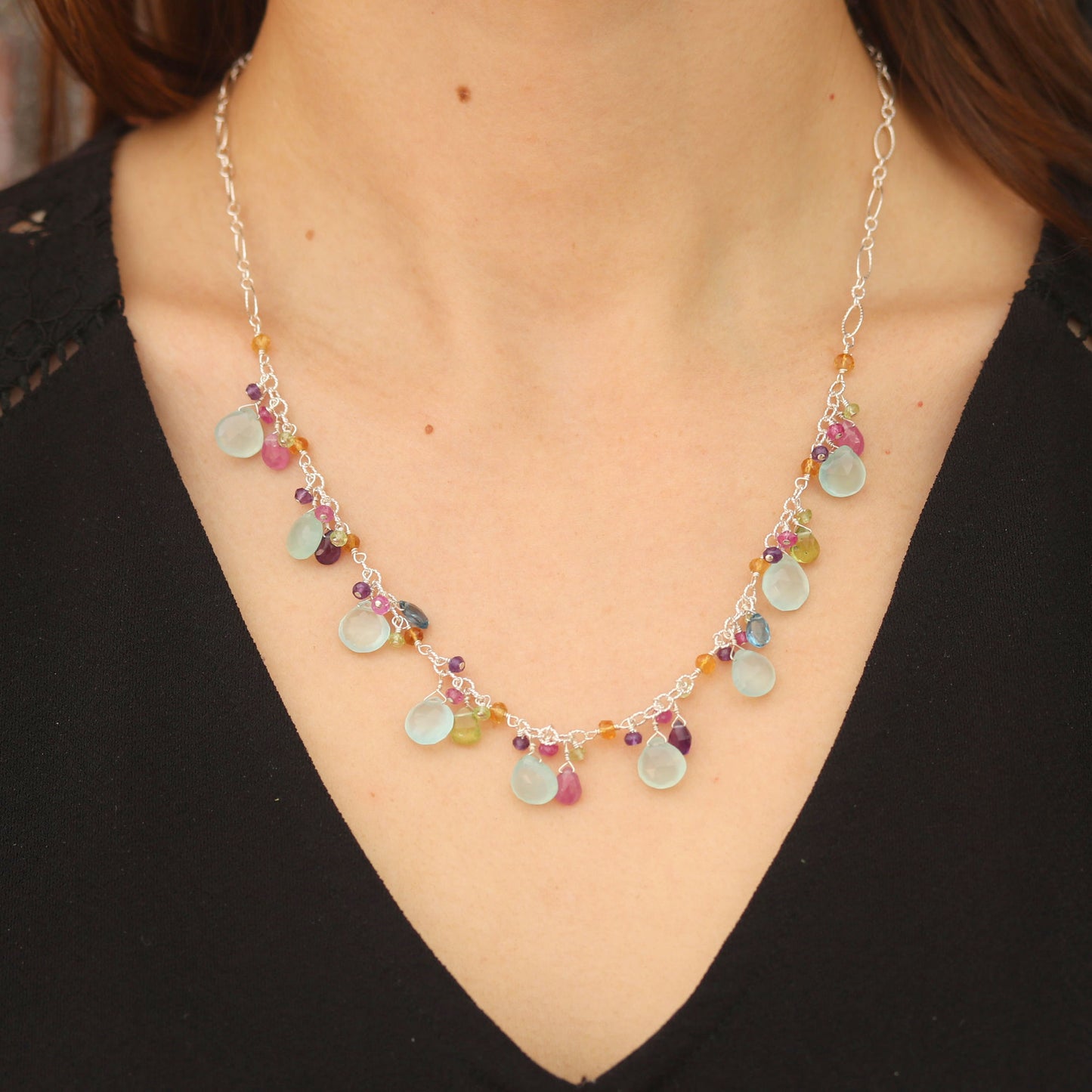 Multi-Color Chalcedony Briolette Necklace