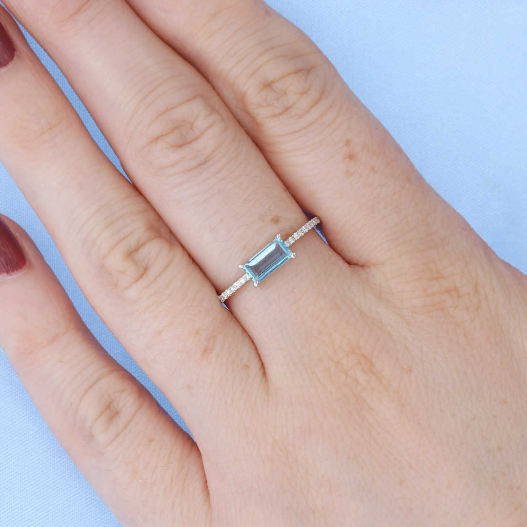 Blue Topaz & Diamond Baguette Ring