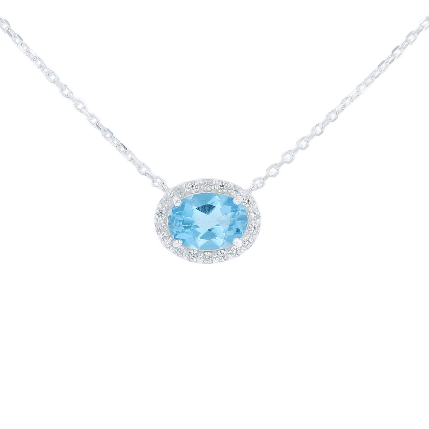 Silver Blue Topaz Oval Halo Necklace
