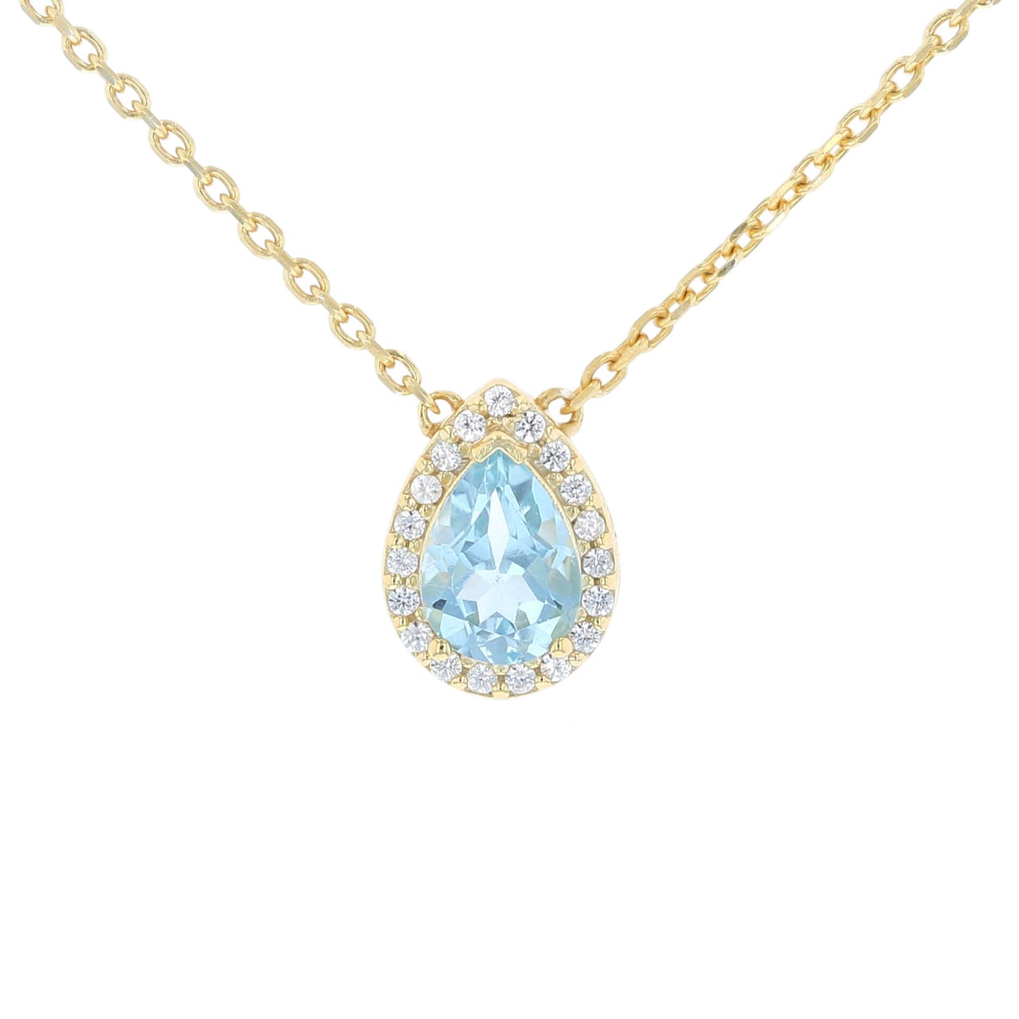 Gold Plated Silver Blue Topaz Pear Halo Necklace