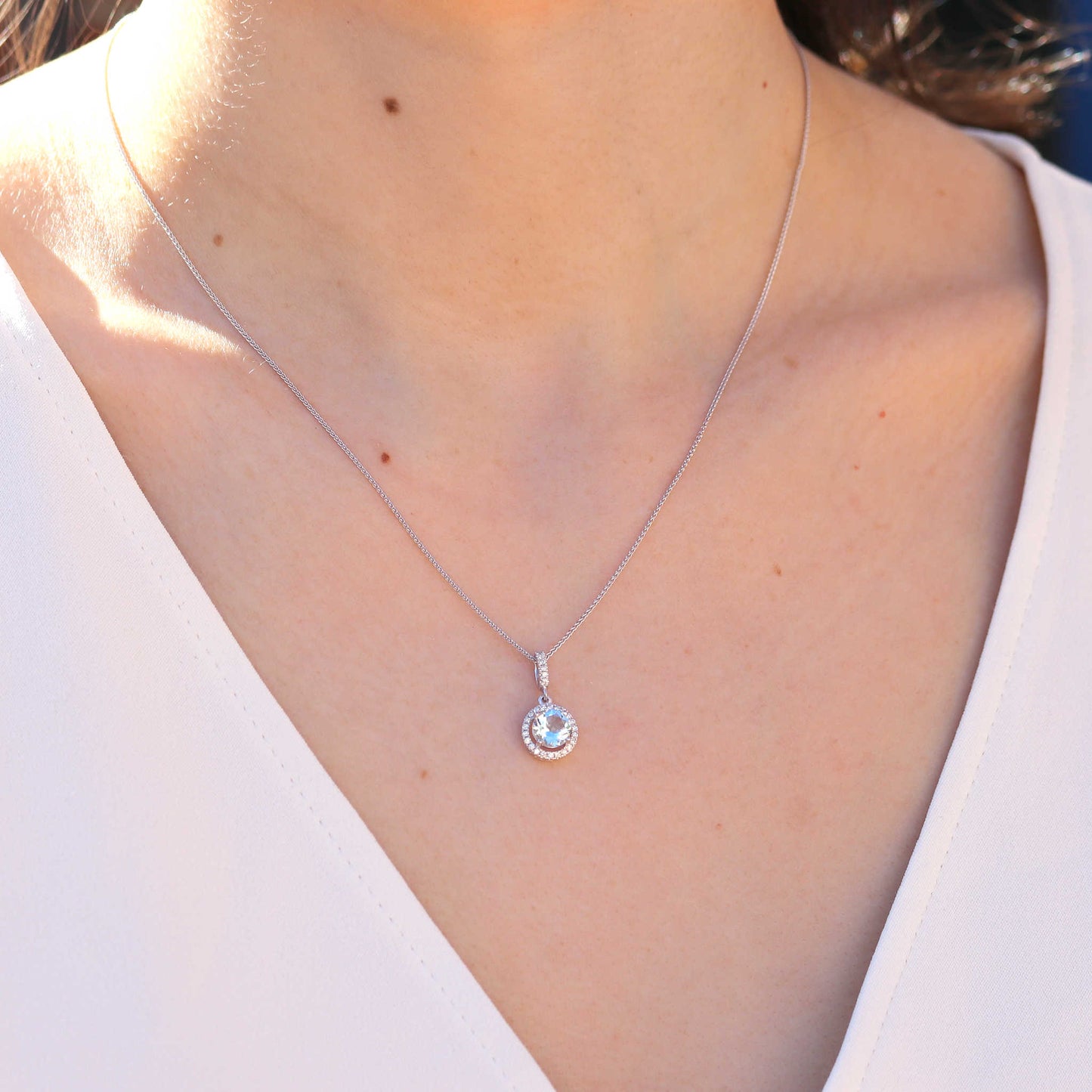 Aquamarine & Diamond Round Halo Pendant