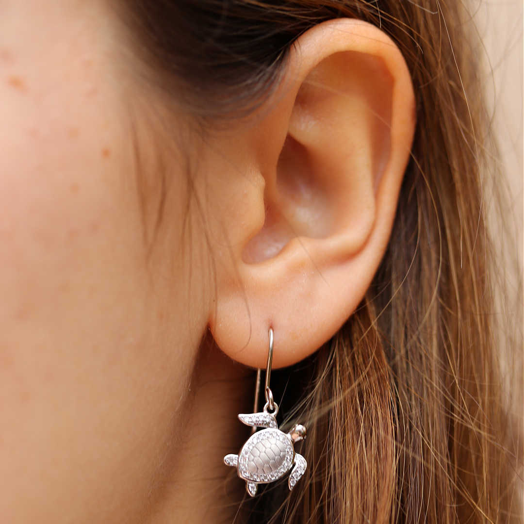 Silver Turtle CZ Dangle Earrings