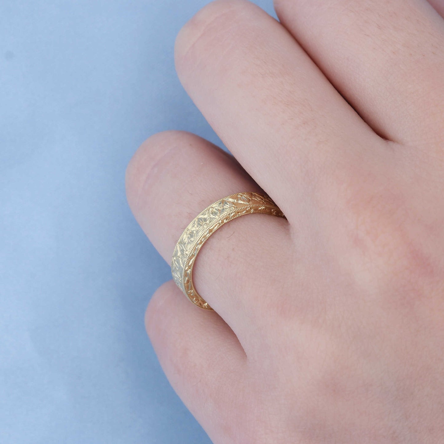 Yellow Gold Hand Engraved Quilted Flower Band