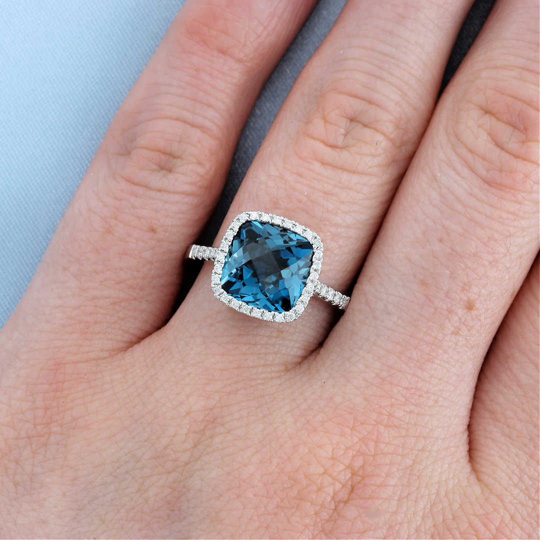 Cushion London Blue Topaz & Diamond Halo Ring