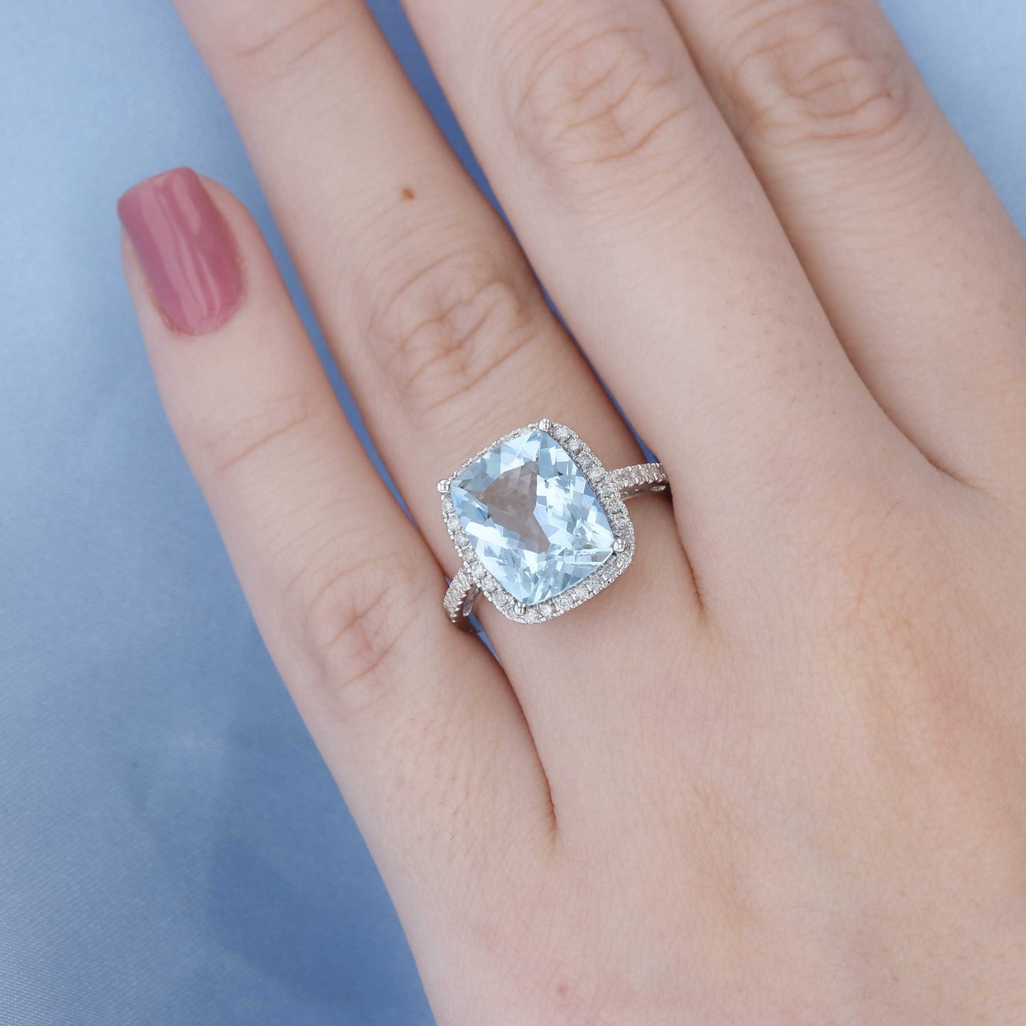 Aquamarine & Diamond Elongated Cushion Halo Ring