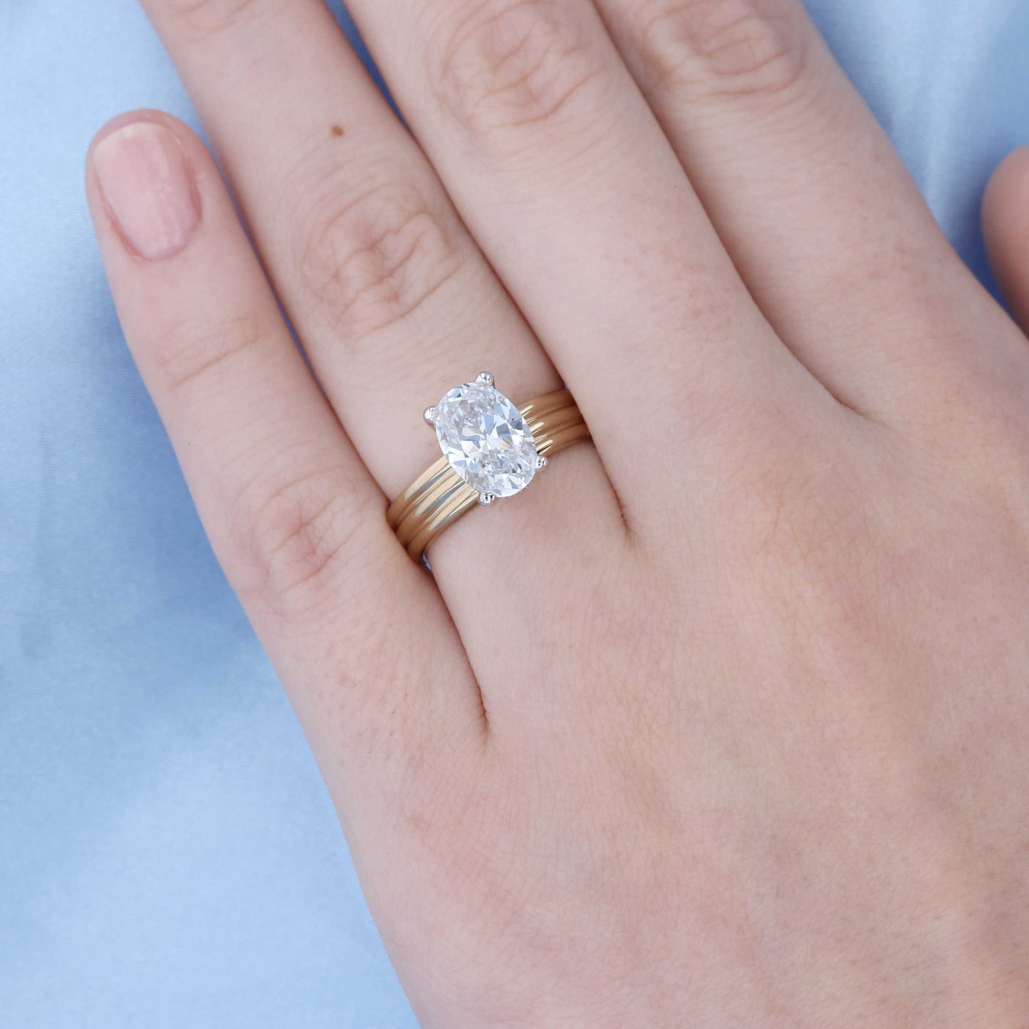 Wide Grooved Solitaire Oval Engagement Ring