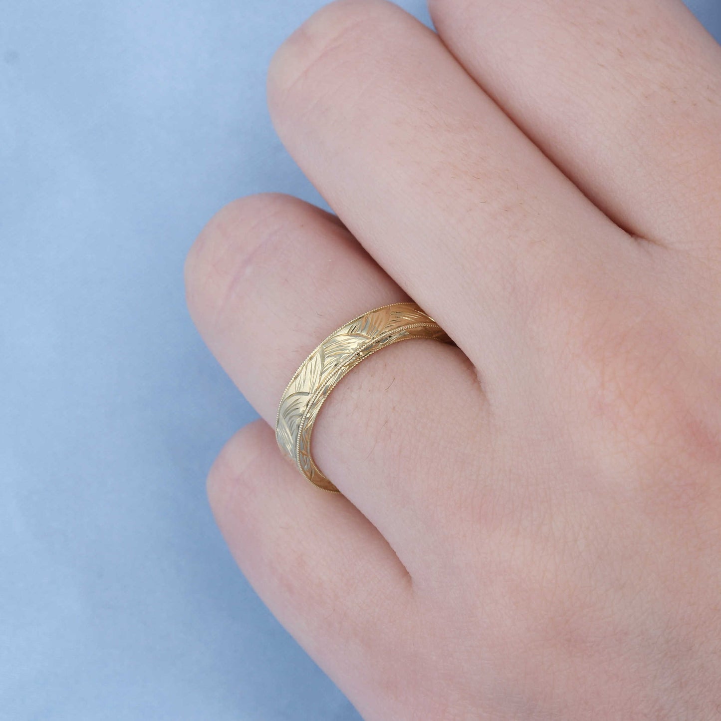 Yellow Gold Hand Engraved Leaf Band