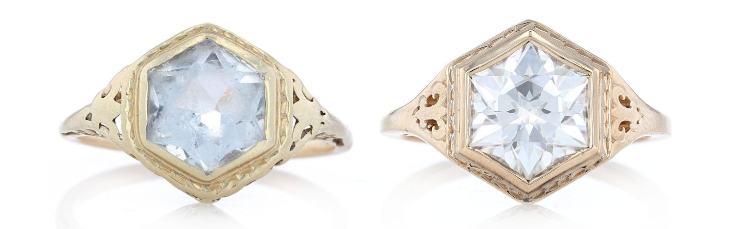 Before with worn ring and abraded aquamarine, next to the after with restored details and a custom cut moissanite instead of the aquamarine