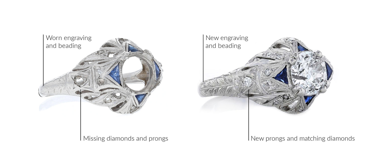 Sapphire engagement ring before and after antique restoration. Replacing missing diamonds, restoring engraving and milgrain.