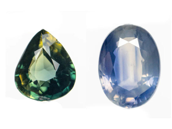 A pear sapphire showing green and yellow color zoning, and an oval sapphire with blue and white color zoning