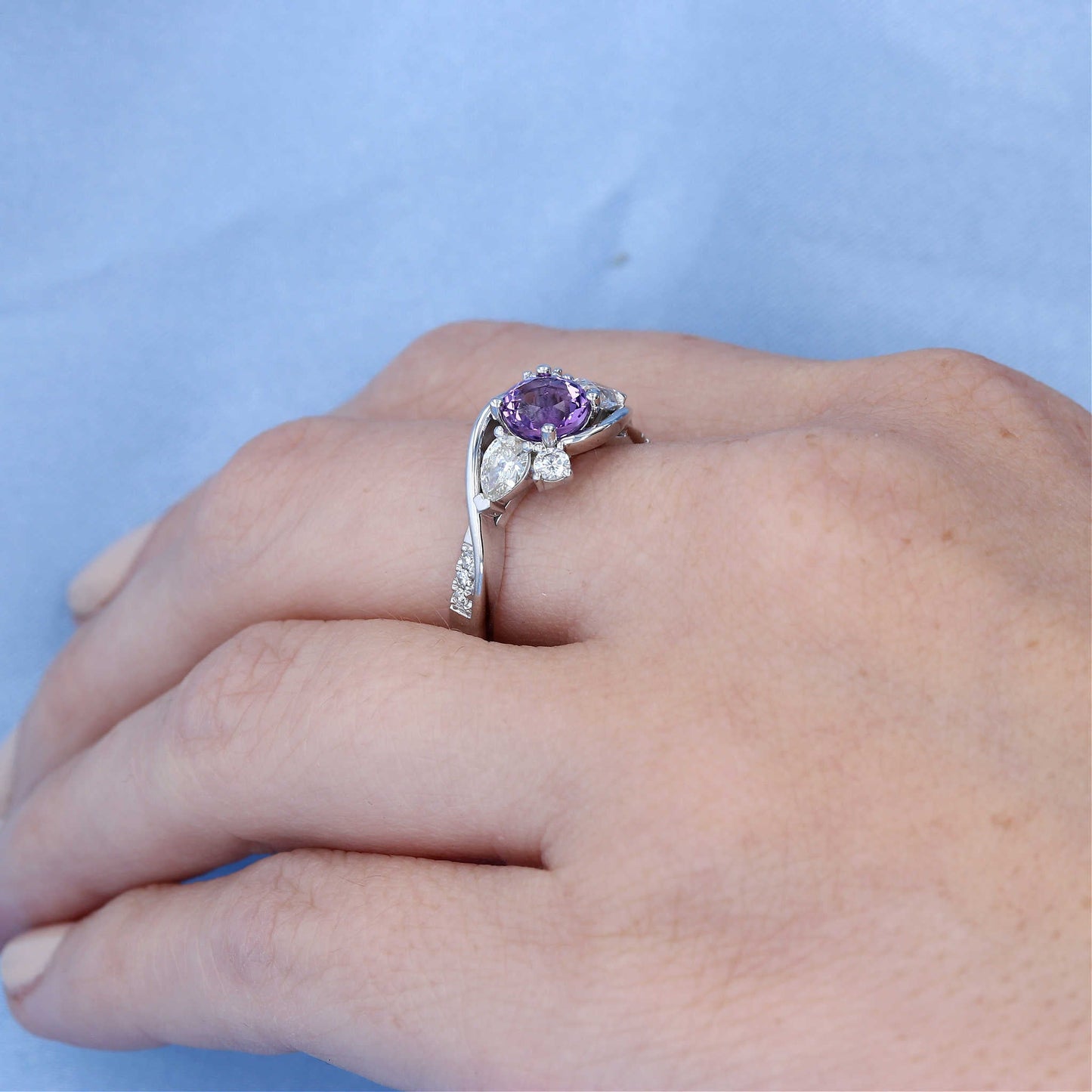 White Gold Bypass Twist Amethyst Ring