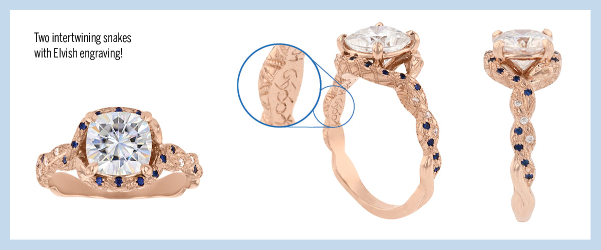 Rose gold custom ring with intertwining snake design and Elvish engraving.