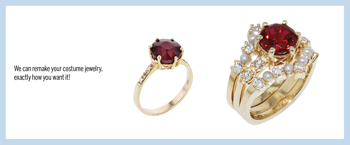 Yellow gold custom ring based off of the costume ring pictured next to it