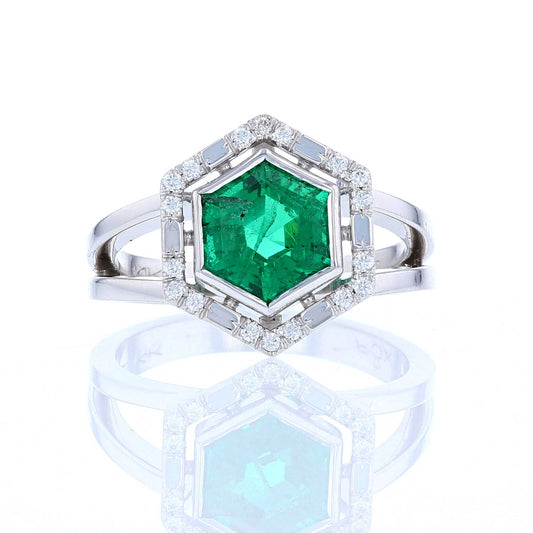 Hexagon Emerald Diamond Halo Ring