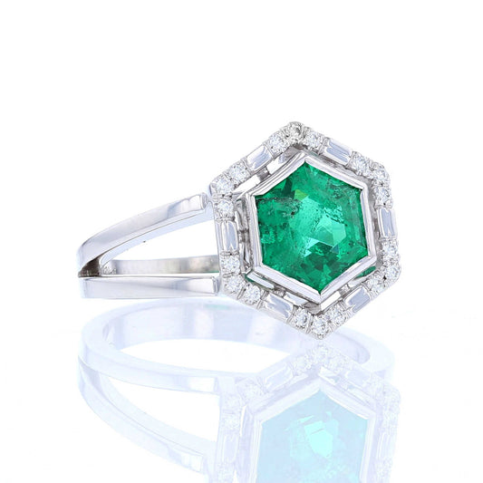 Hexagon Emerald Diamond Halo Ring