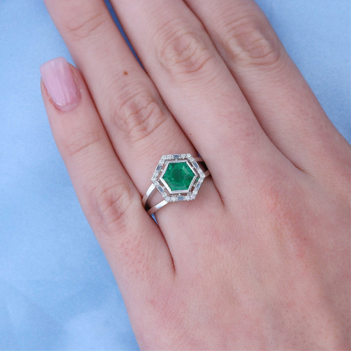 Hexagon Emerald Diamond Halo Ring