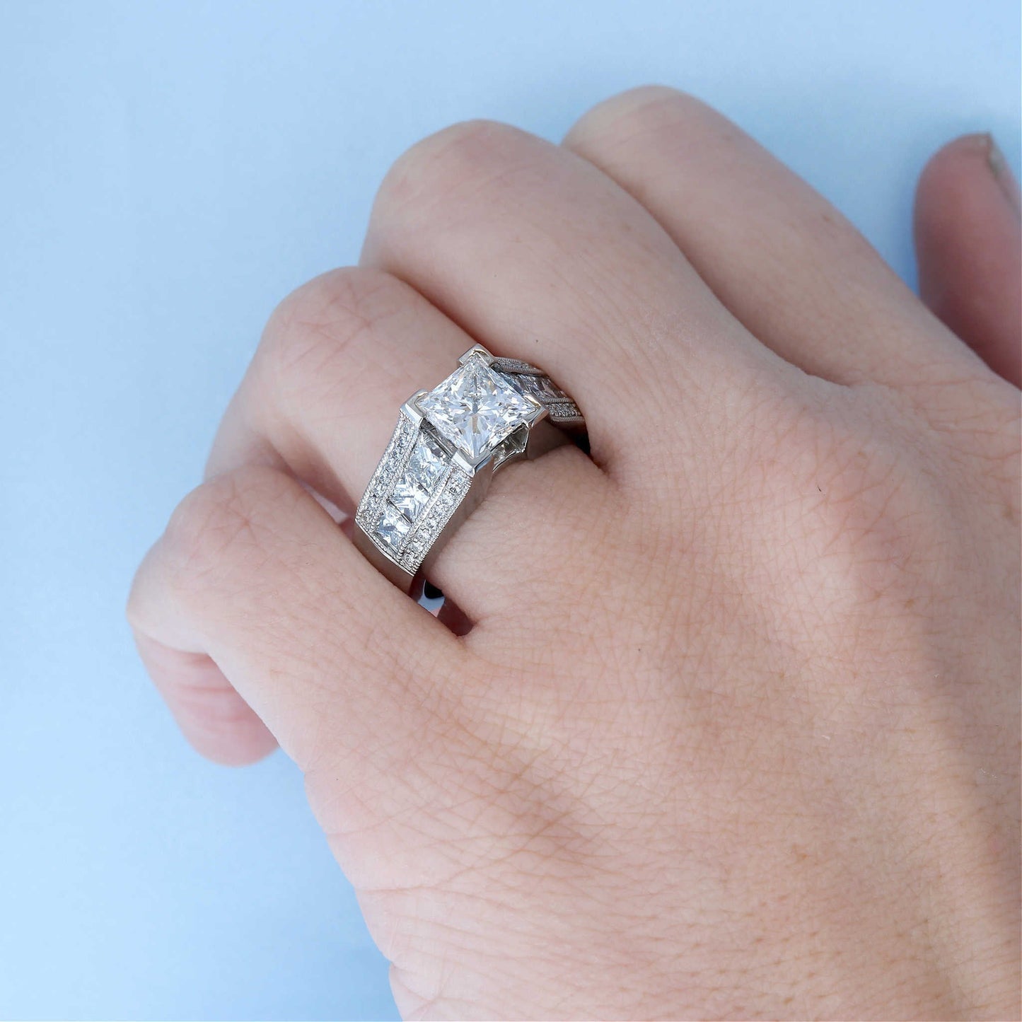 3 Row Princess Cut Milgrain Engagement Ring