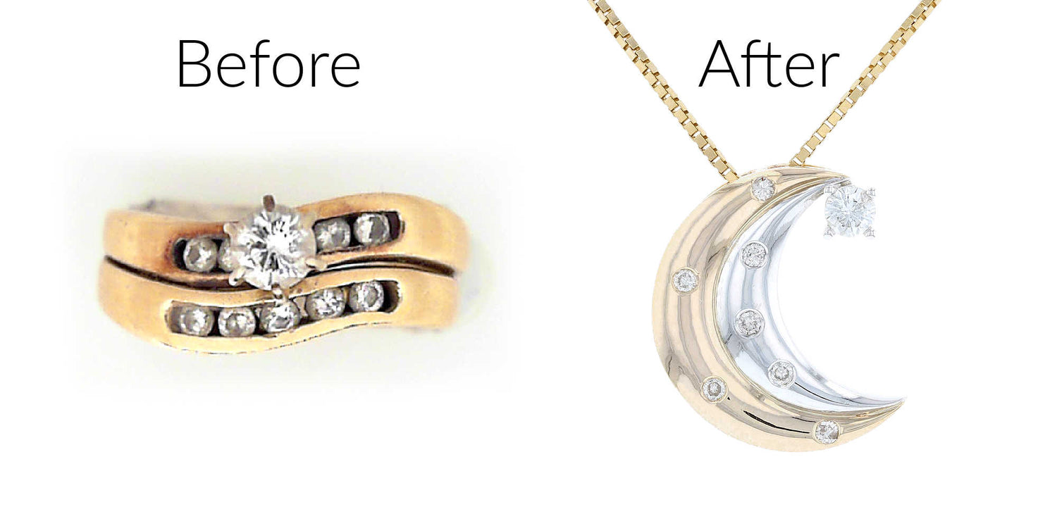 Diamond Two Tone Crescent Moon Pendant Before & After