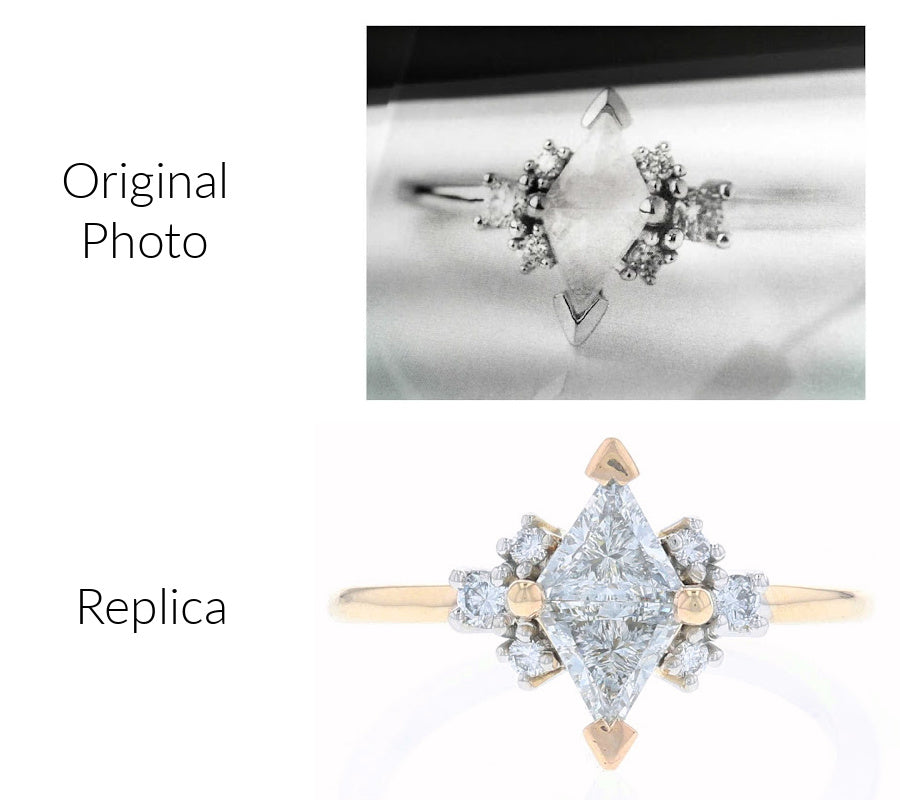A black and white photo of a double trillion cluster diamond engagement ring that was lost or stolen, with the replica Fox Fine Jewelry made.