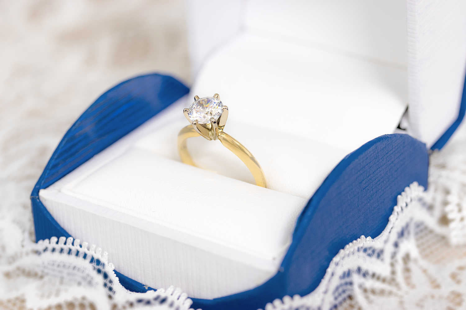 A yellow gold six prong solitaire engagement ring in a Fox Fine Jewelry box.