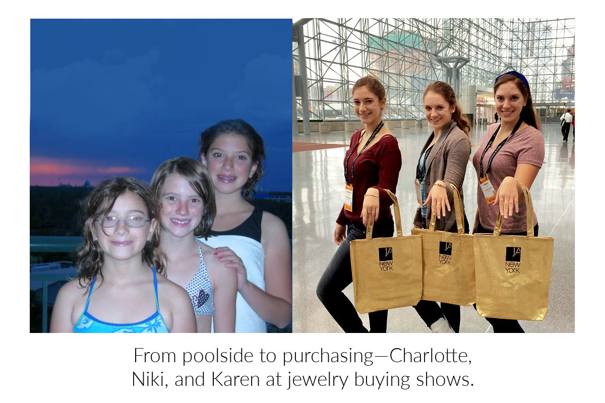 Two sets of images showing the Fox girls at different locations. Reading 'From poolside to purchasing - Charlotte, Niki, and Karen at jewelry buying shows.'