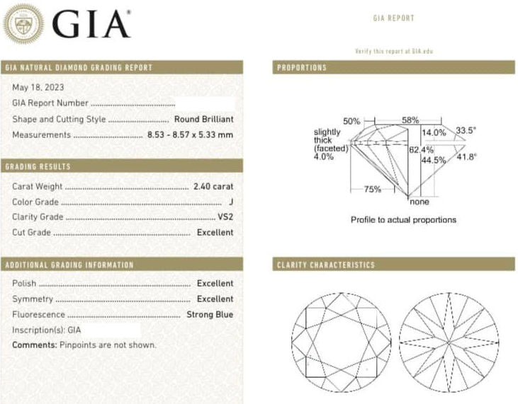 GIA Report of a round brilliant cut diamond with J color and strong blue fluorescence.