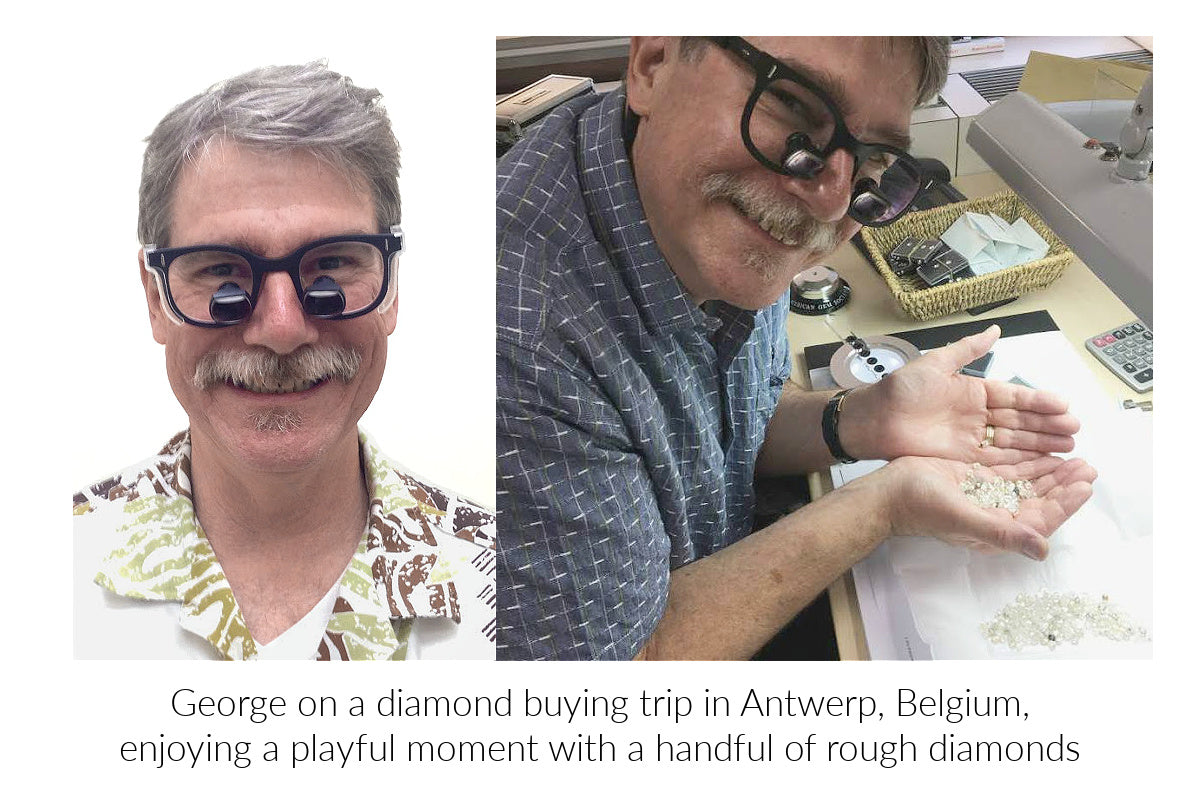George Fox on a diamond buying trip in Antwerp, Belgium, holding rough diamonds.