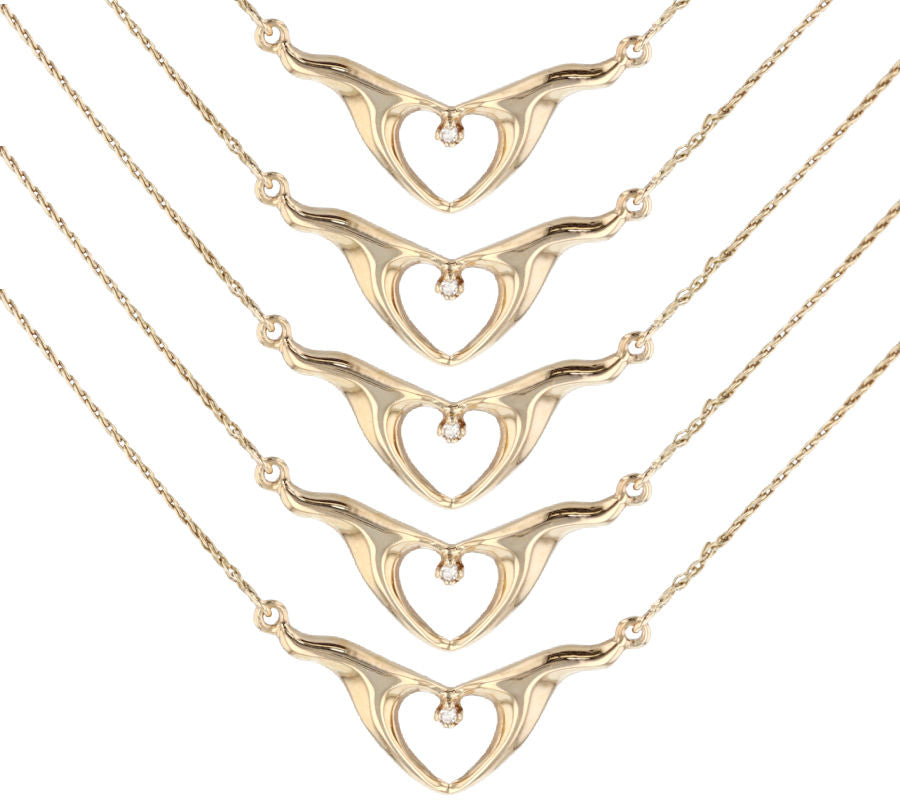 Five necklaces of two hands holding a diamond in the shape of a heart.