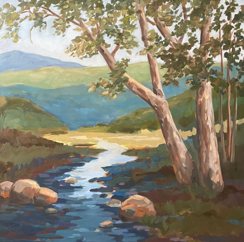 Painting of a serene landscape with trees, a stream, and mountains by Kathy Bodycombe