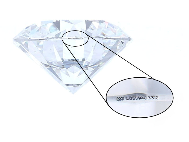 Lab grown diamond laser inscription magnified, reading "IGI LG669403312"