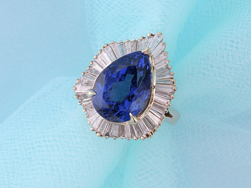 Large Pear Sapphire Baguette Tutu Halo Ring