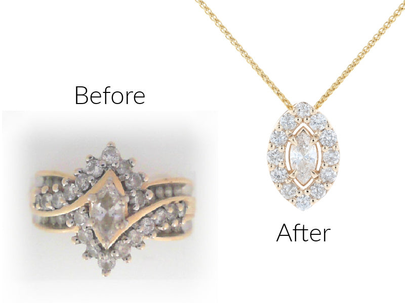 marquise diamond engagement ring repurposed into a pendant