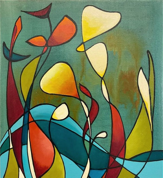 Abstract artwork with colorful shapes on a teal background by Julia Pinkham