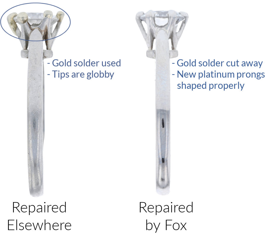 A ring previously retipped with gold globs, next to Fox Fine Jewelry's repair job to fix it by removing the gold solder and rebuilding the prongs with platinum.