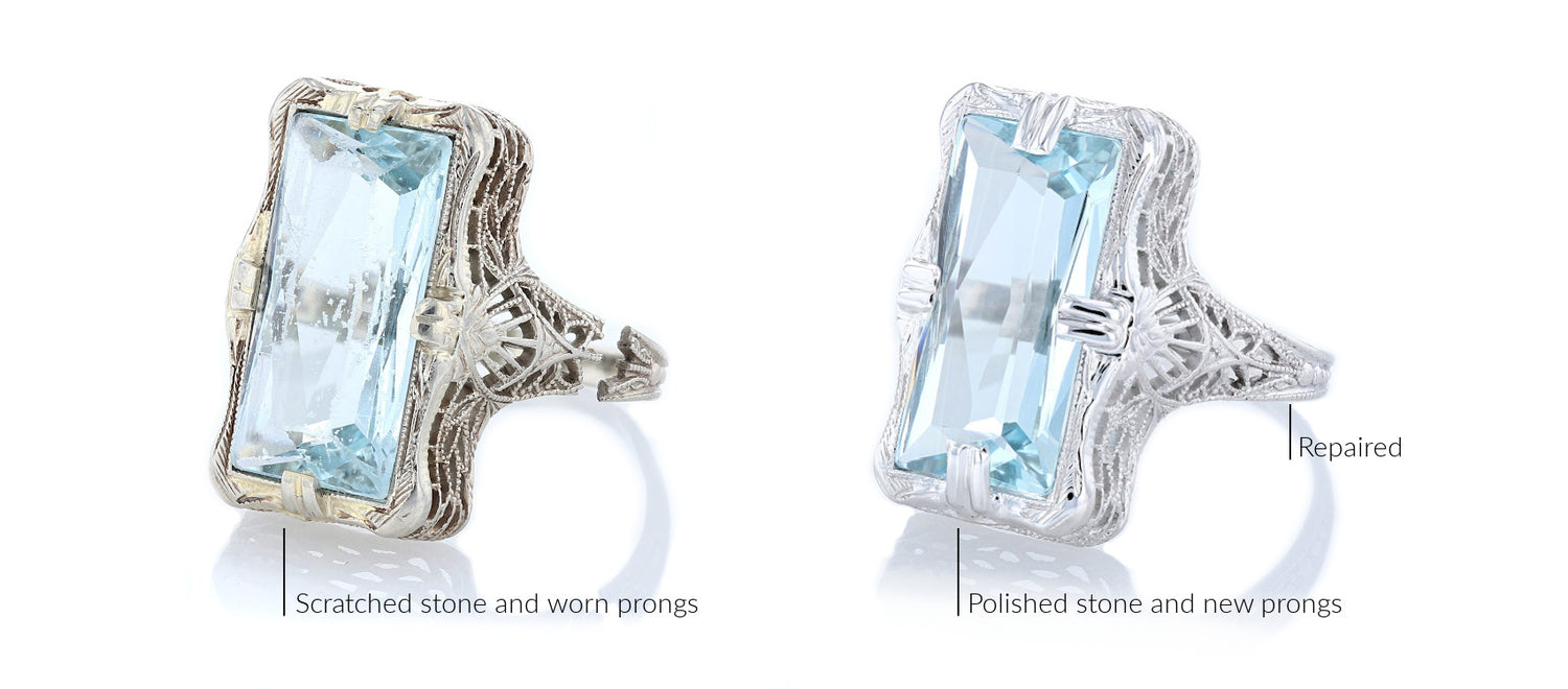 Aquamarine filigree ring before and after antique restoration. We polished the stone, repaired the shank, and rebuilt the prongs.