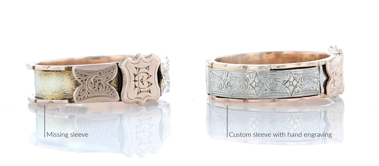 Two tone engraved ring before and after antique restoration. We replaced the worn sleeve with a custom made hand engraved one.