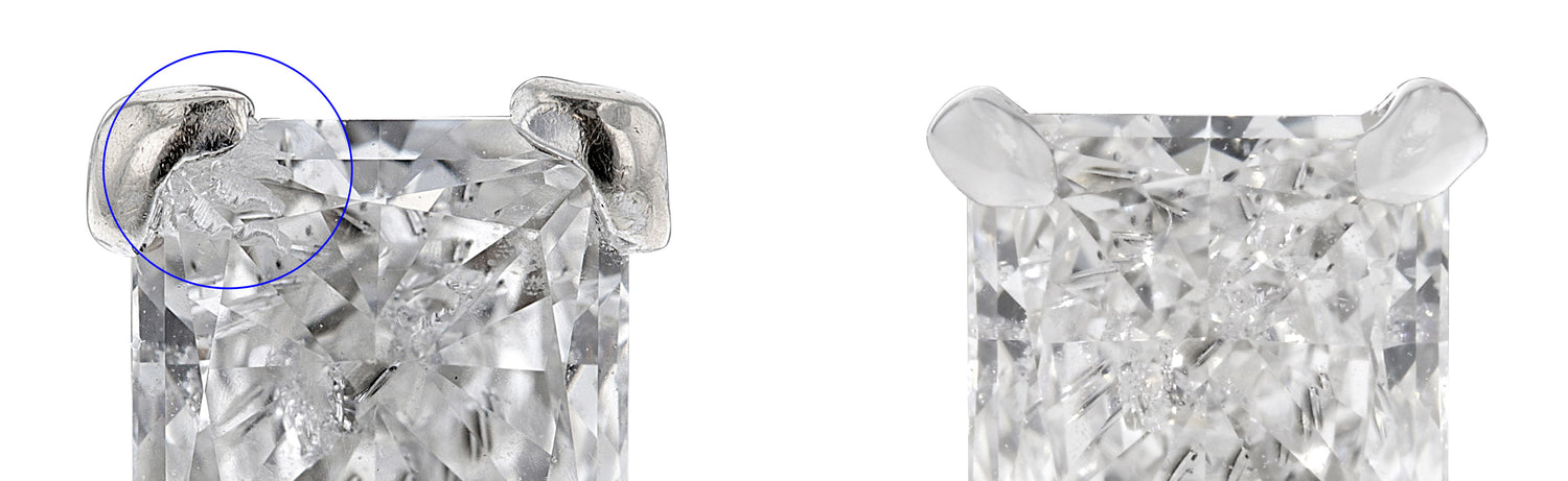 Chipped diamond before and after recutting and new setting