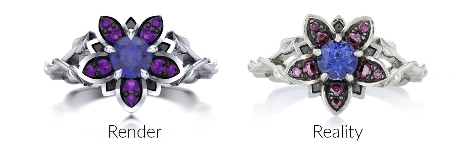 Render of a sapphire flower ring with purple diamonds, shown next to the ring in real life.