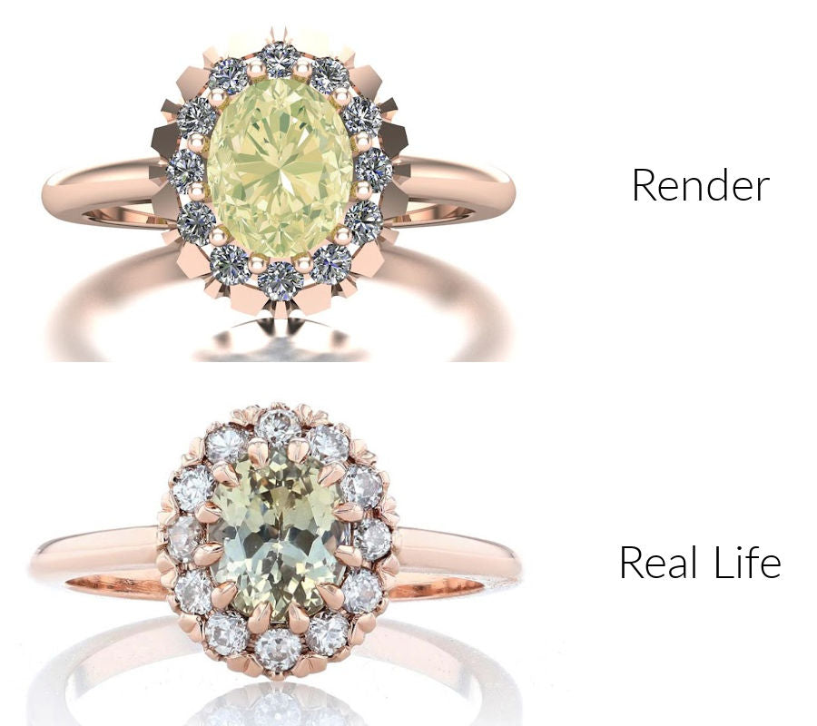 A jewelry render of a rose gold, yellow sapphire halo engagement ring, with pronounced prongs not folded over the stones and center sapphire slightly off color, next to a photo of the ring in real life with shaped prongs, and more of a true to life color.