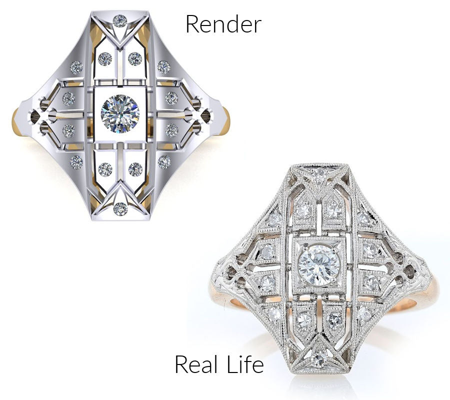 A render of an art deco diamond ring with no milgrain and no visible prongs, next to the ring in real life with individually set pave diamonds and lots of milgrain.
