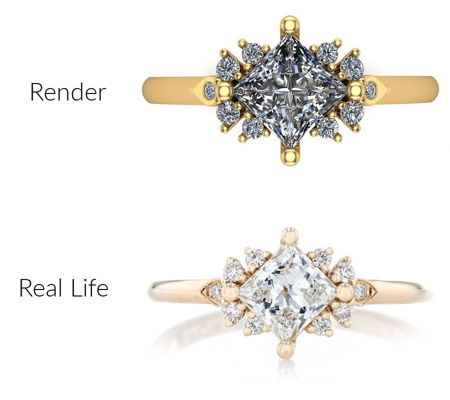 Before photo of a Jewelry render of an engagement ring, with pronounced prongs and no milgrain, looking blocky. After photo of the ring with milgrain, blended prongs, and rounded surfaces.