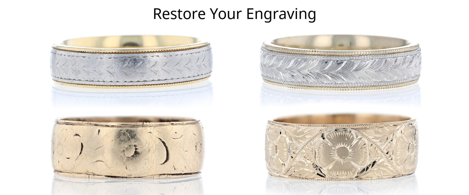 Two tone and yellow gold engraved rings before, when they are worn away and after we hand engraved them.