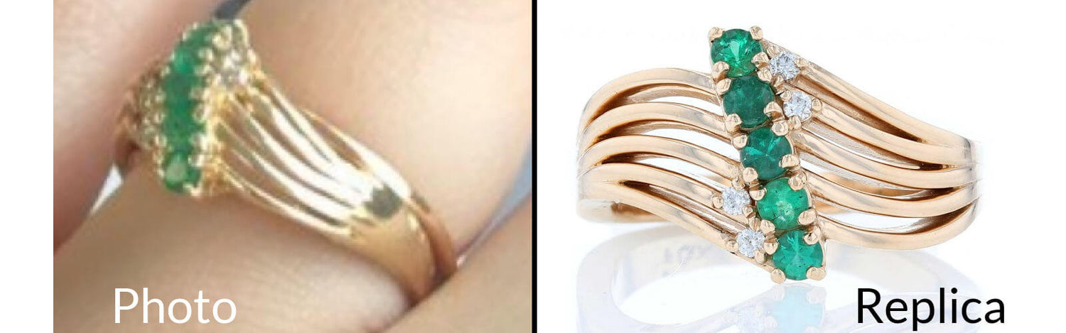 Reference photo and final product of a replica emerald ring