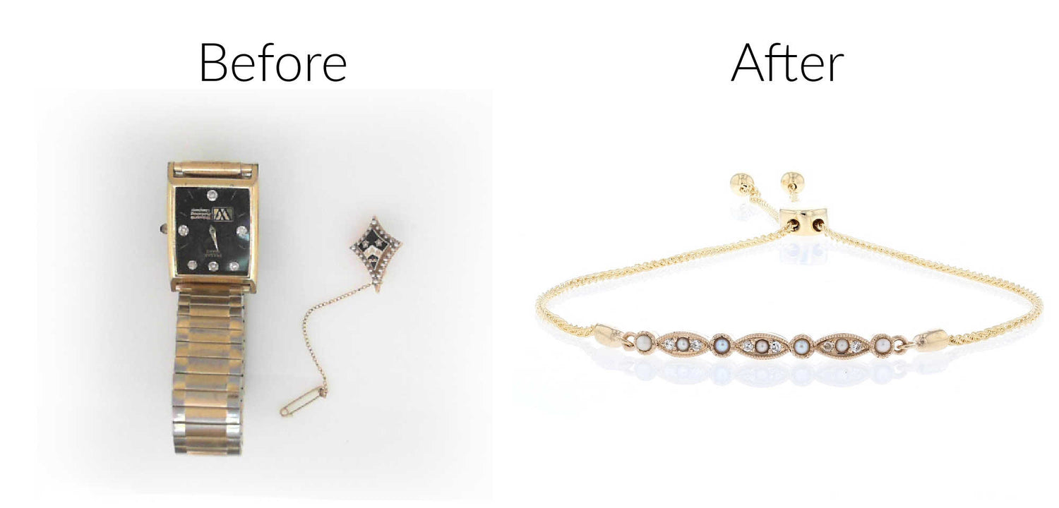 Diamonds from a watch dial and pearls from a sorority pin are made into an adjustable bolo bracelet