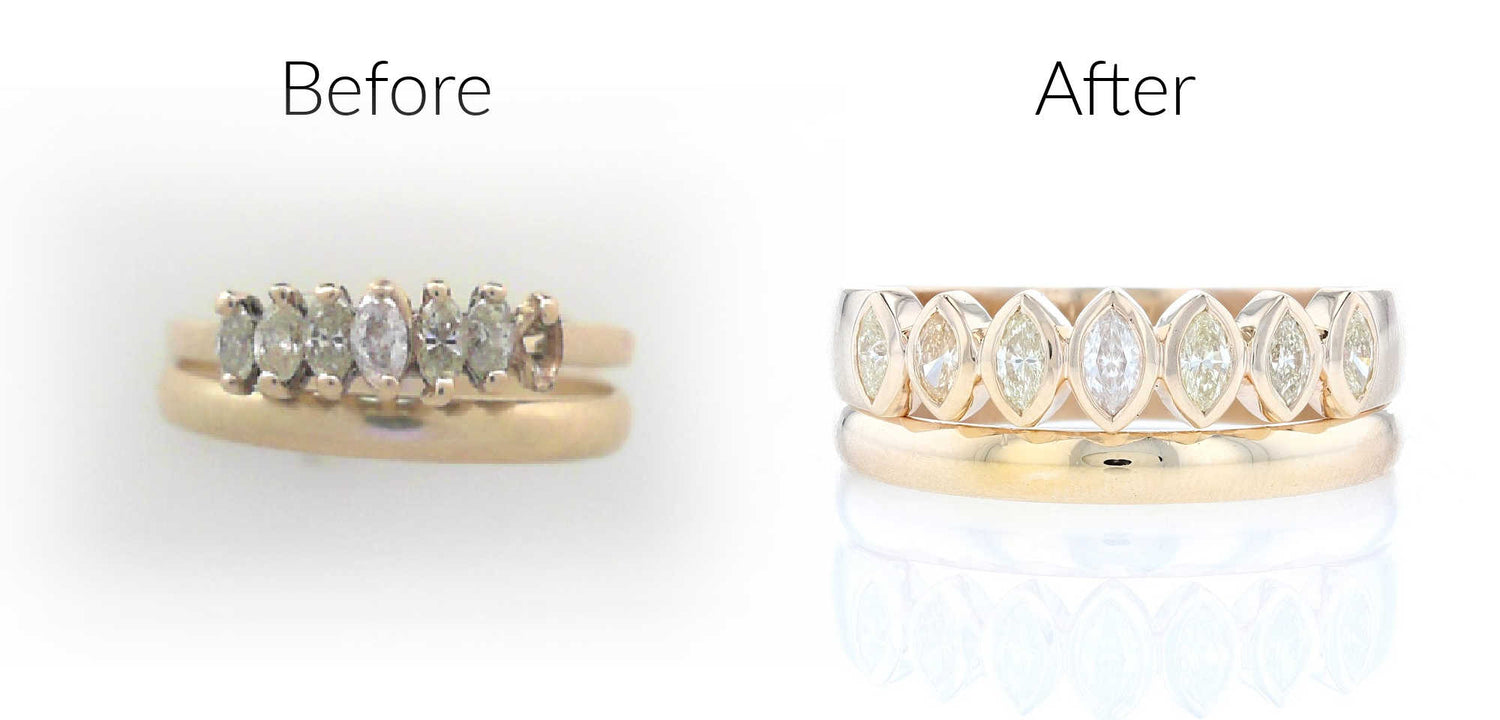 A small change of the setting style makes a big difference. Prong set diamonds are now bezel set.
