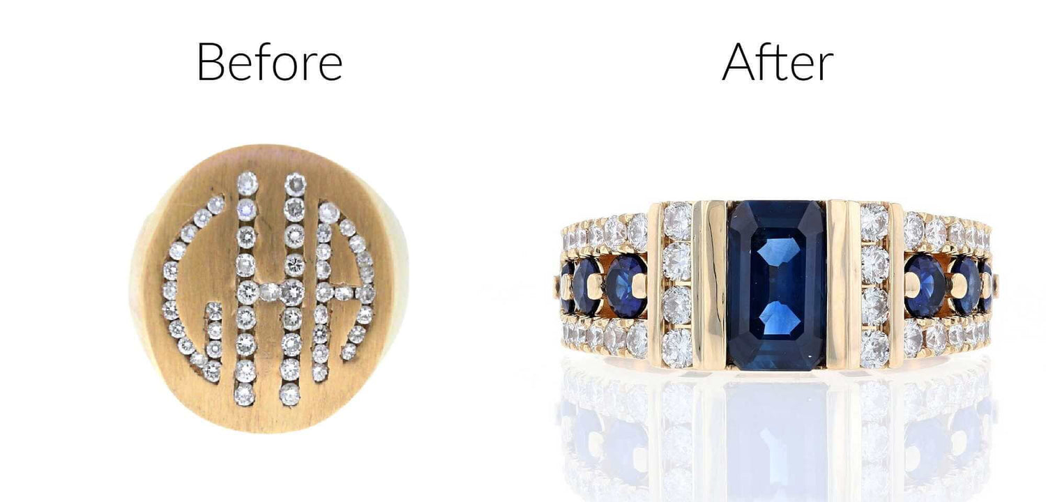 Old Initial ring made into a men's wedding band with sapphires