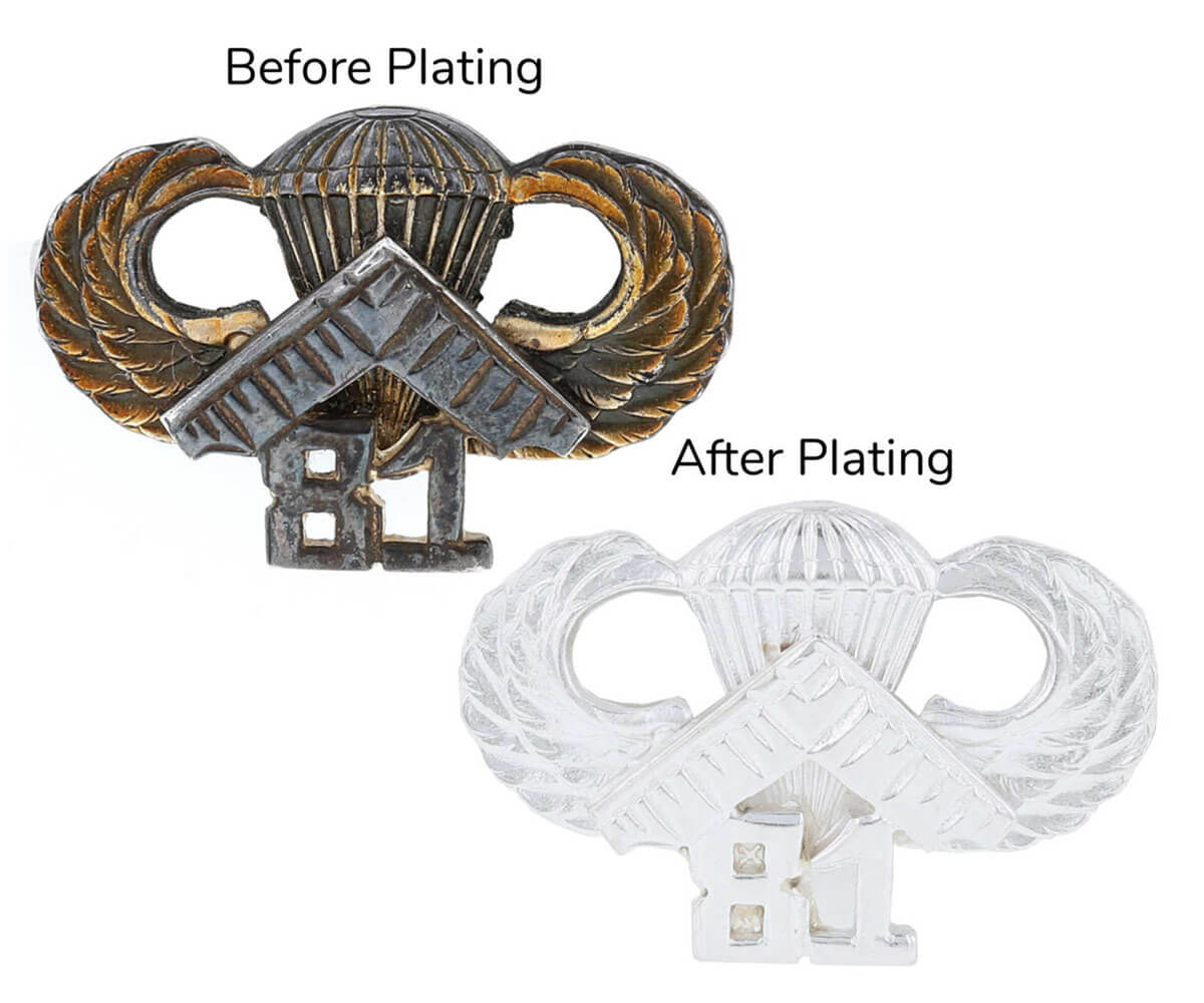 Base metal champion pin that's been rhodium plated to make it white. Before and after